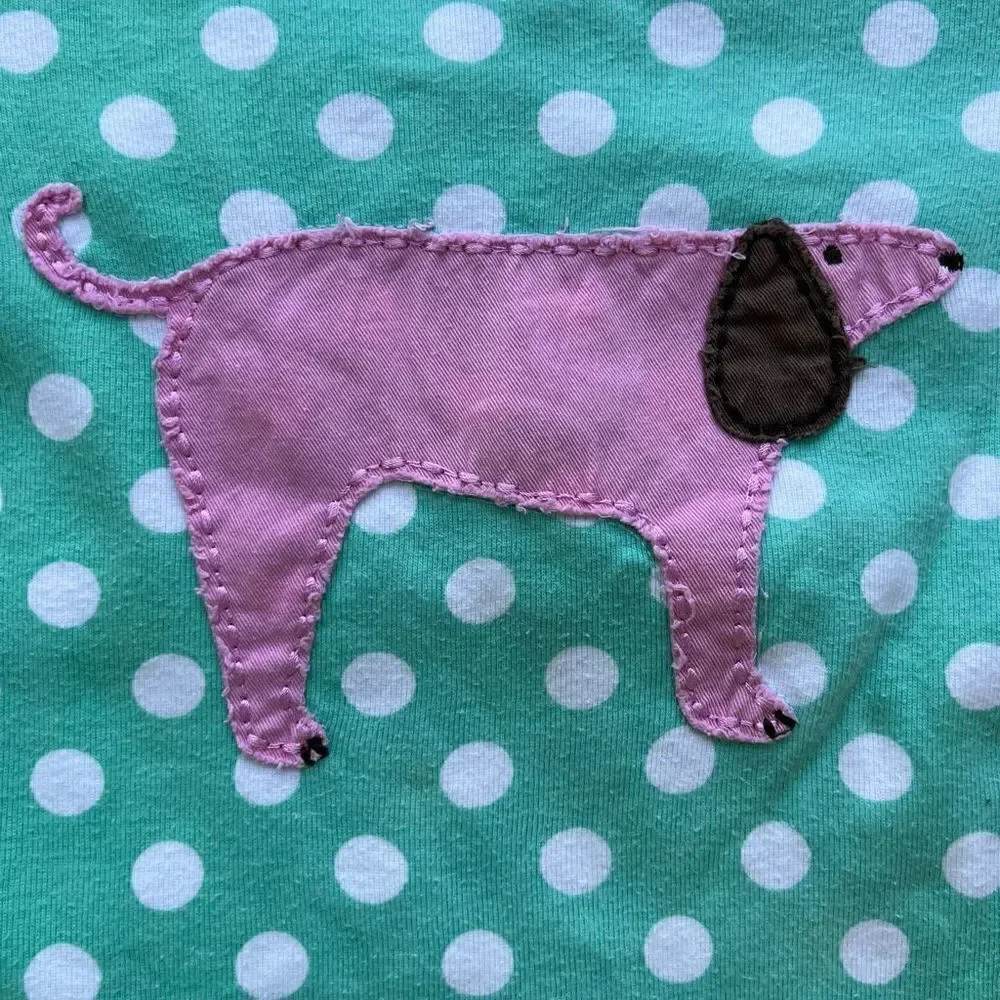 Mini Boden Long Sleeve Crew Neck T Shirt Polka Dot Dog Patch Pink Teal 9-10Y